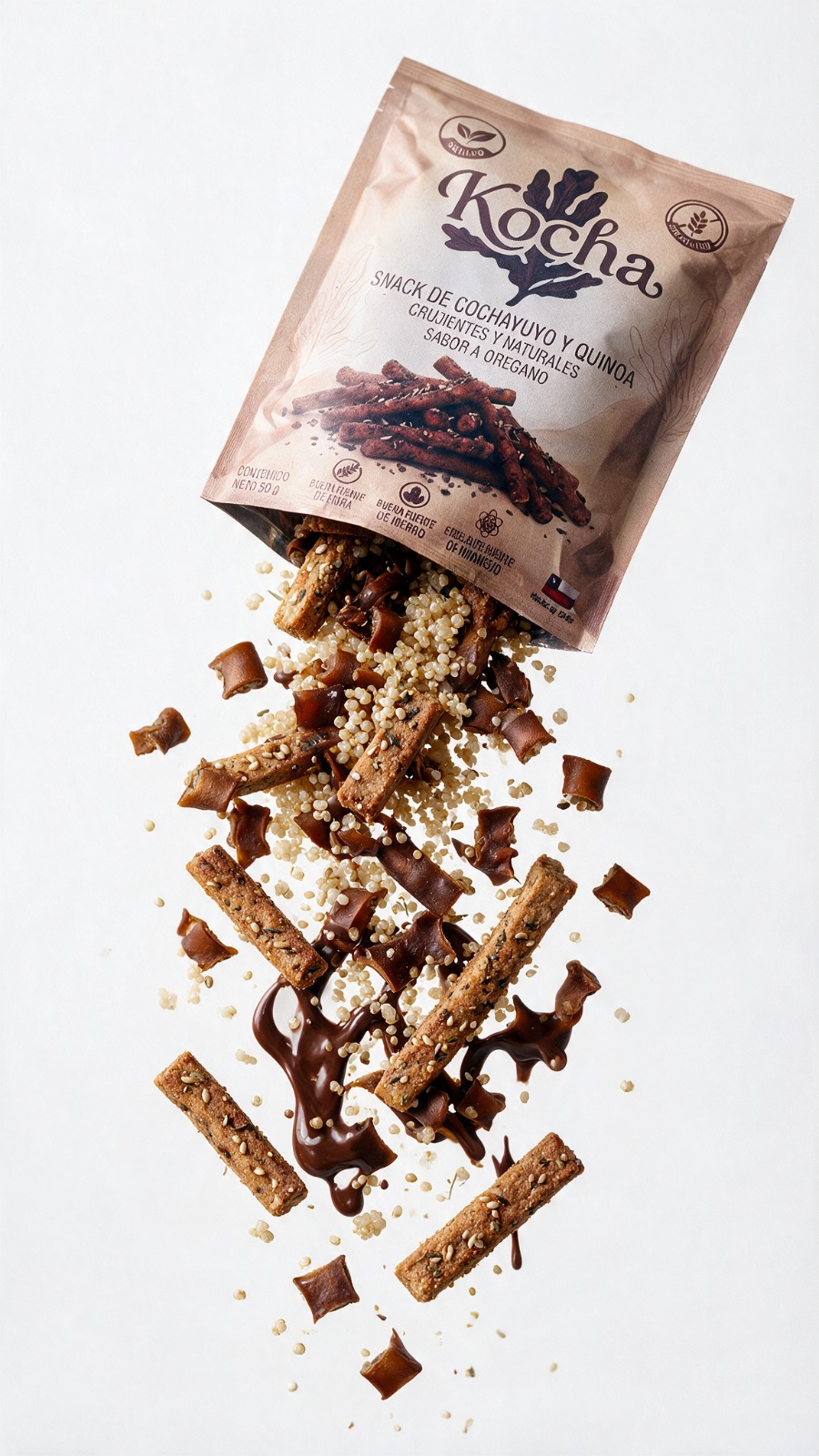 Bolsa de Kocha con los snacks de cochayuyo y quinoa flotando alrededor
